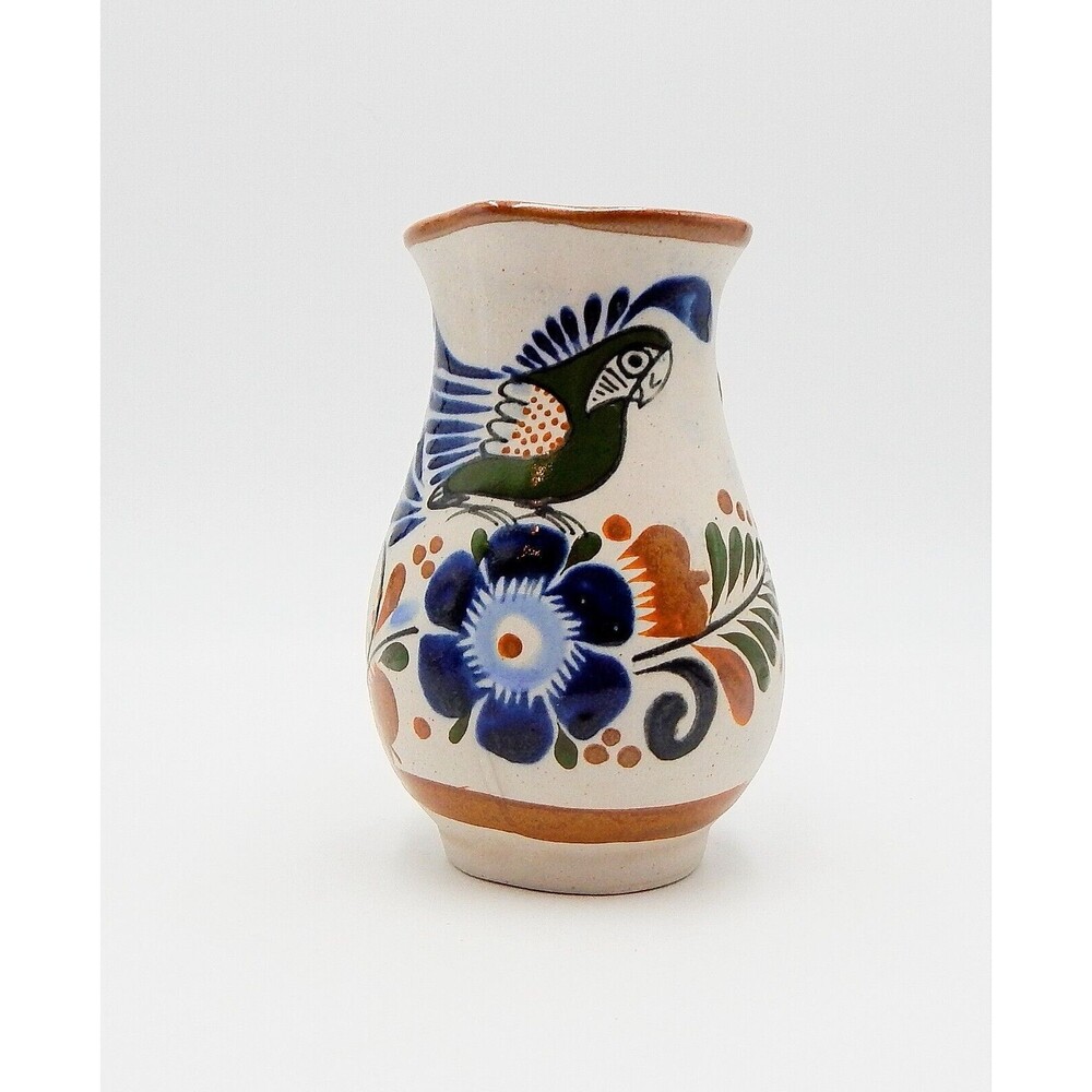 Tonala Mexico Pottery Pitcher Creamer Green Quail Bird Flower 5 Inch Signed